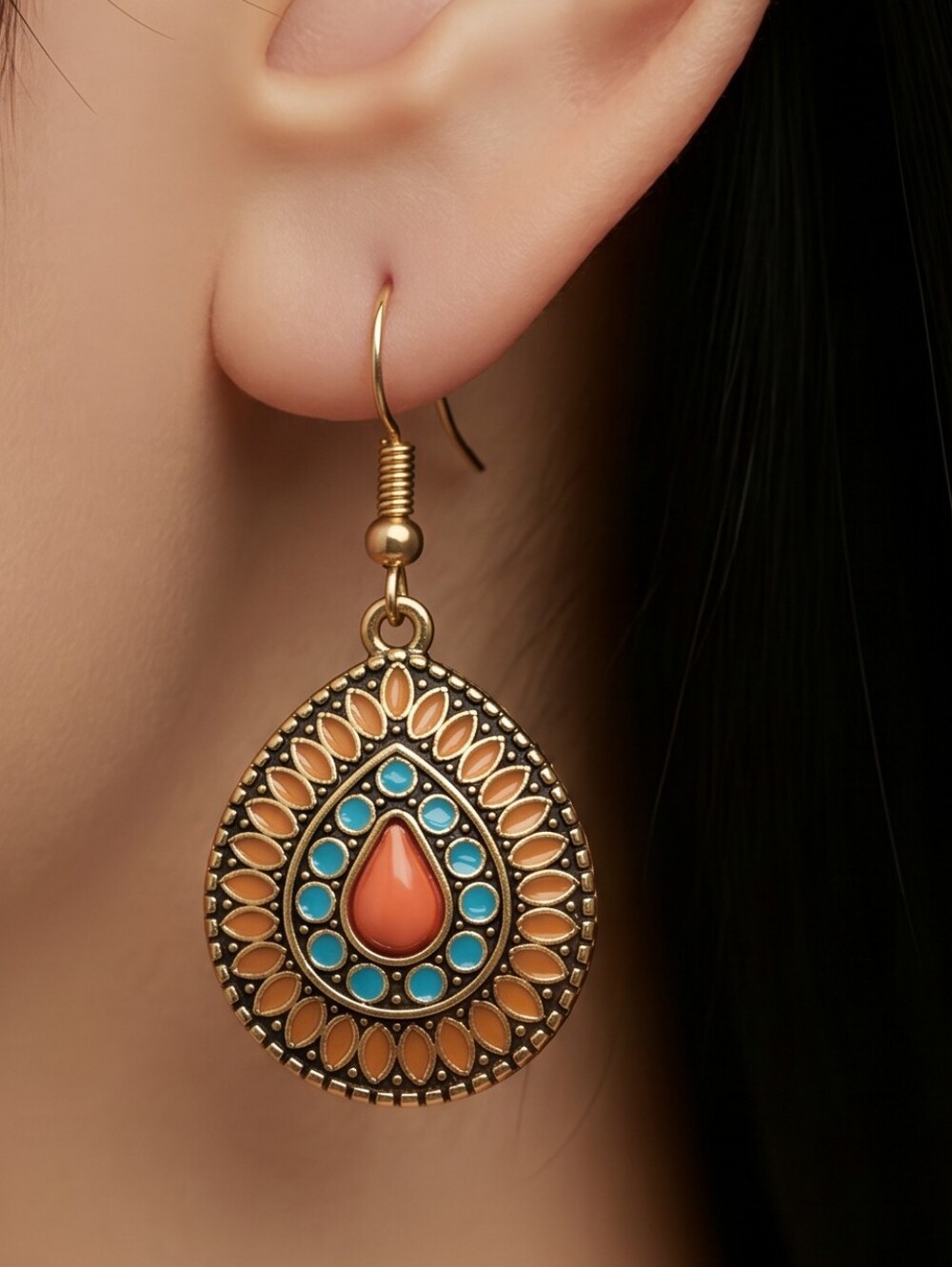 Boho Teardrop Mandala Dangle Drop Earrings Ethnic Tribal Native Copper Jewelry
